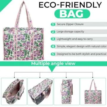 Eco-Friendly Quilted Cotton Tote Bag - Lightweight Handcrafted Shoulder Bag with Pockets for Gym, Travel, Work - Versatile Beach Bag (Pink)