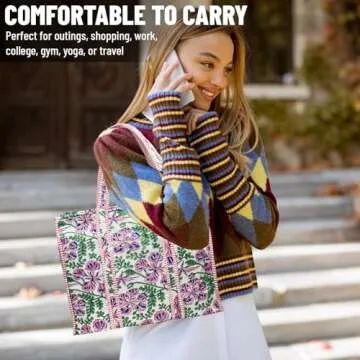 Eco-Friendly Quilted Cotton Tote Bag - Lightweight Handcrafted Shoulder Bag with Pockets for Gym, Travel, Work - Versatile Beach Bag (Pink)