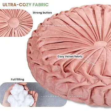 Sioloc Round Pillow Velvet Throw Pillows,Seating Cushion Home Decoration Pleated Floor Pillow Cushion for Couch Chair(Blush,15.7'')