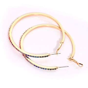 Crystal Hoop Earrings for Women Large Dazzling Rainbow Rhinestone Circle Fashion Earrings Sensitive Ears Pierced Earrings (Gold Rainbow)