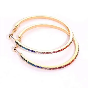 Crystal Hoop Earrings for Women Large Dazzling Rainbow Rhinestone Circle Fashion Earrings Sensitive Ears Pierced Earrings (Gold Rainbow)