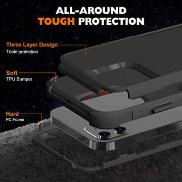 Vooii Compatible with iPhone 11 Case, [10 FT Military Grade Drop Protection] [3 in 1 Heavy Duty] Anti-Slip Shockproof Full Body Protective Frosted Phone Case for iPhone 11 6.1 inch - Black