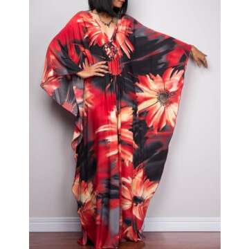 Bsubseach Women Ethnic Print Kaftan Beach Dress Plus Size Swimsuit Cover Up Flower Print