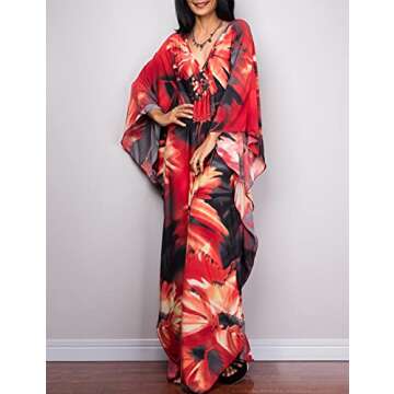 Bsubseach Women Ethnic Print Kaftan Beach Dress Plus Size Swimsuit Cover Up Flower Print