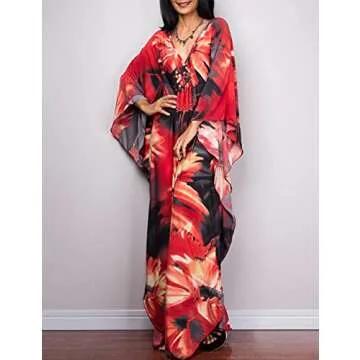 Bsubseach Women Ethnic Print Kaftan Beach Dress Plus Size Swimsuit Cover Up Flower Print