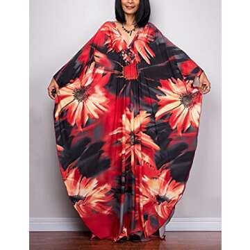 Bsubseach Women Ethnic Print Kaftan Beach Dress Plus Size Swimsuit Cover Up Flower Print