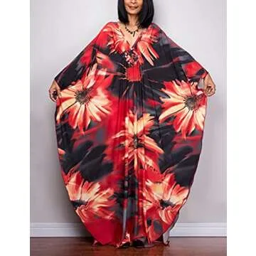 Bsubseach Women Ethnic Print Kaftan Beach Dress Plus Size Swimsuit Cover Up Flower Print