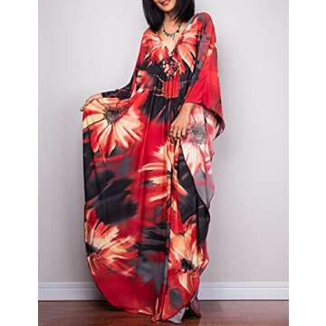 Bsubseach Women Ethnic Print Kaftan Beach Dress Plus Size Swimsuit Cover Up Flower Print