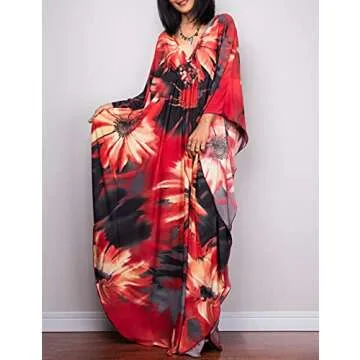 Bsubseach Women Ethnic Print Kaftan Beach Dress Plus Size Swimsuit Cover Up Flower Print