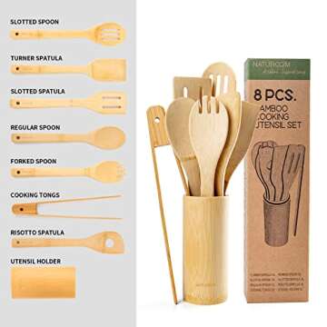 Naturoom Kitchen Utensils Set of 8 PCS, 12Inches Bamboo Wooden Cooking Spoon & Spatula Tools Perfect...