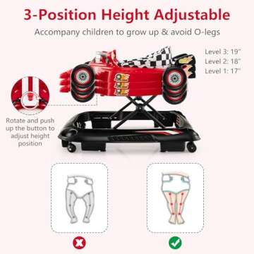 INFANS Foldable Baby Walker, 3 in 1 Toddler Activity Center Leaning-Seated Walk-Behind with Steering Wheel, Adjustable Height, Lights, Music, Washable Seat Cushion (Cherry)