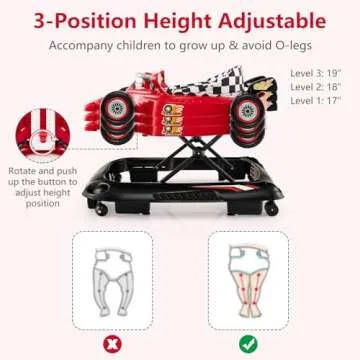 INFANS Foldable Baby Walker, 3 in 1 Toddler Activity Center Leaning-Seated Walk-Behind with Steering Wheel, Adjustable Height, Lights, Music, Washable Seat Cushion (Cherry)