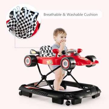 INFANS Foldable Baby Walker, 3 in 1 Toddler Activity Center Leaning-Seated Walk-Behind with Steering Wheel, Adjustable Height, Lights, Music, Washable Seat Cushion (Cherry)