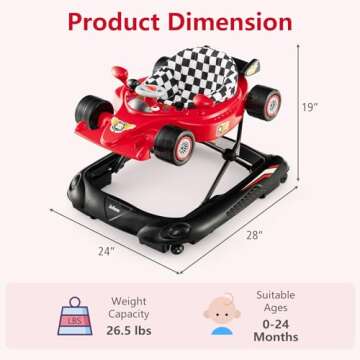 INFANS Foldable Baby Walker, 3 in 1 Toddler Activity Center Leaning-Seated Walk-Behind with Steering Wheel, Adjustable Height, Lights, Music, Washable Seat Cushion (Cherry)