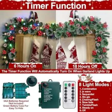 Remote Control&Timer&8 Modes 9 Ft by 10 Inch 50 LED Prelit Christmas Garland Decorations Colorful Lights Thick 300 Lifelike Snowy Tips 198 Red Berry 18 Pinecone Xmas Garland Fireplace Door Stairs Home