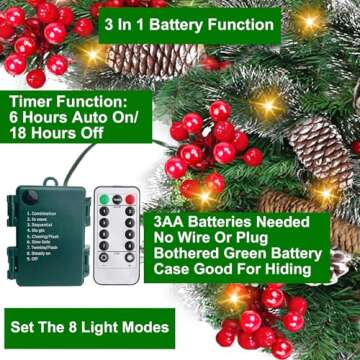 Remote Control&Timer&8 Modes 9 Ft by 10 Inch 50 LED Prelit Christmas Garland Decorations Colorful Lights Thick 300 Lifelike Snowy Tips 198 Red Berry 18 Pinecone Xmas Garland Fireplace Door Stairs Home