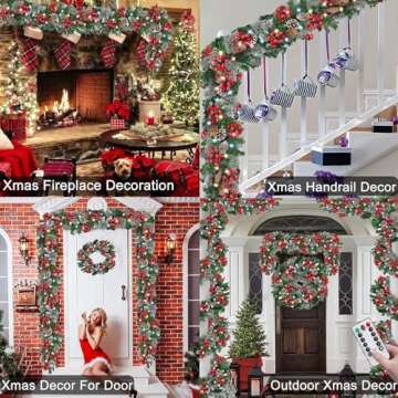 Remote Control&Timer&8 Modes 9 Ft by 10 Inch 50 LED Prelit Christmas Garland Decorations Colorful Lights Thick 300 Lifelike Snowy Tips 198 Red Berry 18 Pinecone Xmas Garland Fireplace Door Stairs Home