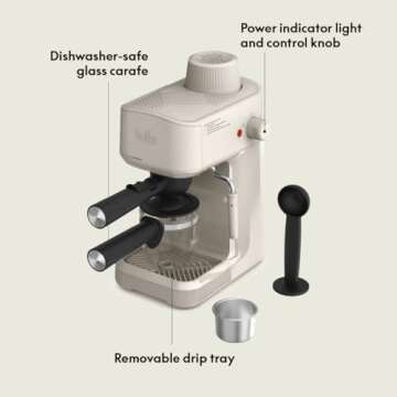 BELLA Steam Espresso Maker with Microfoam Wand, Removable Drip Tray & Dishwasher Safe Glass Carafe & Portafilters, Reusable 4 Cup Filter, Overheating & Overpressure Safety Features, 3.5 Bar, Oatmilk
