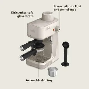 BELLA Steam Espresso Maker with Microfoam Wand, Removable Drip Tray & Dishwasher Safe Glass Carafe & Portafilters, Reusable 4 Cup Filter, Overheating & Overpressure Safety Features, 3.5 Bar, Oatmilk