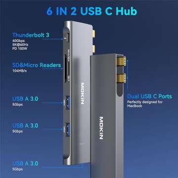 USB C Adapter for MacBook Pro/Air M1 M2 M3 2023 2022 2021 2020 2019,MOKiN USB C Hub MacBook Pro Accessories with 3 USB 3.0 Ports,USB C to SD/TF Card Reader and 100W Thunderbolt 3 PD Port