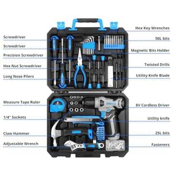 DEKOPRO Drill Set: Tool Set with 8V Blue Cordless Drill, Home Tool Kit with Drill, Hand Tool Kits fo...