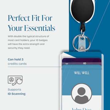 Will Well ID Badge Holders with Clip and Keyring - Vertical Clear Plastic 3.58" x 2.52" Sleeves Fit Up to 3 Cards - Retractable 24" UHMWPE Fiber Pull Cords for Easy Access - 5-Pack, Black Reels