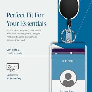 Will Well ID Badge Holders with Clip and Keyring - Vertical Clear Plastic 3.58" x 2.52" Sleeves Fit Up to 3 Cards - Retractable 24" UHMWPE Fiber Pull Cords for Easy Access - 5-Pack, Black Reels