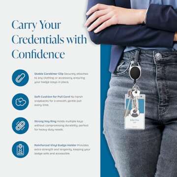 Will Well ID Badge Holders with Clip and Keyring - Vertical Clear Plastic 3.58" x 2.52" Sleeves Fit Up to 3 Cards - Retractable 24" UHMWPE Fiber Pull Cords for Easy Access - 5-Pack, Black Reels