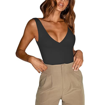 REORIA Deep V Neck Sleeveless Bodysuit for Women