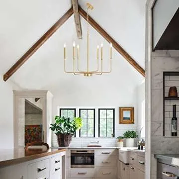 ALISADABOY Spray Gold Chandeliers for Dining Room 26.2'' Modern Farmhouse Candle Chandelier 6-Light Rustic Pendant Lighting Fixture Industrial Ceiling Light for Living Room Foyer Entryway Kitchen