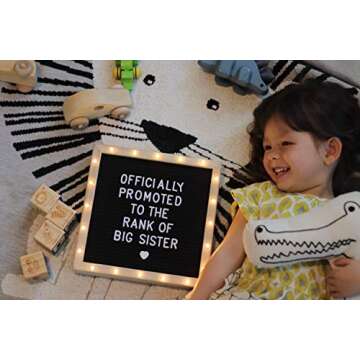 Letter Board The Original Black Felt Board with Stand, Built-in LED Lights 10 x 10 -Menu Board + Wood Frame, 340 Letters, Emojis + Cursive Words - Custom Sign Messages Pregnancy Announcement, Weddings