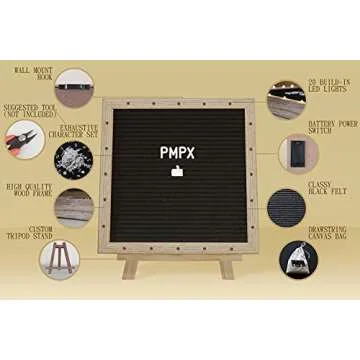 Letter Board The Original Black Felt Board with Stand, Built-in LED Lights 10 x 10 -Menu Board + Wood Frame, 340 Letters, Emojis + Cursive Words - Custom Sign Messages Pregnancy Announcement, Weddings