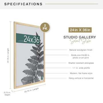 MCS Studio Gallery 24x36 Poster Frame Natural Woodgrain, Vertical & Horizontal Wall Hanging Large Picture Frame for Photos, Posters & Art Prints (2-Pack)