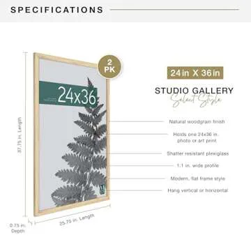 MCS Studio Gallery 24x36 Poster Frame Natural Woodgrain, Vertical & Horizontal Wall Hanging Large Picture Frame for Photos, Posters & Art Prints (2-Pack)