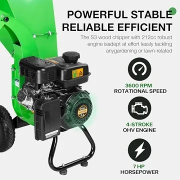 7HP Gas Wood Chipper Shredder 3 Inch Capacity GARDENBEAUT S3