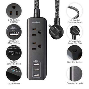 Flat Plug Power Strip with USB - 2 Outlets 3 USB Charging Ports(3.1A, 15W), Desktop Charging Station...