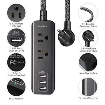 Flat Plug Power Strip with USB - 2 Outlets 3 USB Charging Ports(3.1A, 15W), Desktop Charging Station...