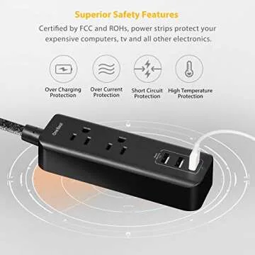Flat Plug Power Strip with USB - 2 Outlets 3 USB Charging Ports(3.1A, 15W), Desktop Charging Station with 5 ft Braided Extension Cord for Travel Cruise, Home Office, ETL Listed