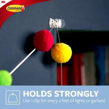 Command Decorating Clips, 40 Clips and 48 Command Strips, Damage Free Hanging Light Clips with Adhesive Strips, No Tools Small Wall Clips for Hanging Lights and Cables