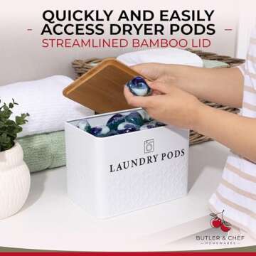 Laundry Pod Container With Bamboo Lid – Metal Laundry Pod Holder - Laundry Pod Storage Tin Holds 120 Pods - Detergent Dispenser - Modern Farmhouse Laundry Room Organization Decor - White