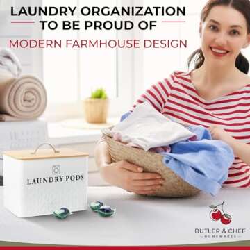 Laundry Pod Container With Bamboo Lid – Metal Laundry Pod Holder - Laundry Pod Storage Tin Holds 120 Pods - Detergent Dispenser - Modern Farmhouse Laundry Room Organization Decor - White