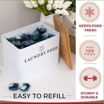 Laundry Pod Container With Bamboo Lid – Metal Laundry Pod Holder - Laundry Pod Storage Tin Holds 120 Pods - Detergent Dispenser - Modern Farmhouse Laundry Room Organization Decor - White
