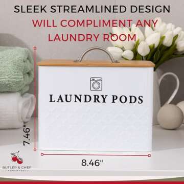 Laundry Pod Container With Bamboo Lid – Metal Laundry Pod Holder - Laundry Pod Storage Tin Holds 120 Pods - Detergent Dispenser - Modern Farmhouse Laundry Room Organization Decor - White