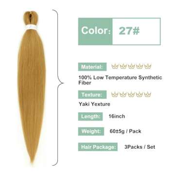 27 Honey Blonde Braiding Hair Pre stretched 16 Inch 3 Packs Pre-stretched Braiding Hair EZ Braid Yak...