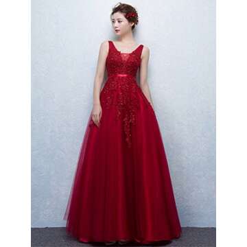 Babyonline Women's Double V-Neck Tulle Appliques Long Evening Cocktail Gowns