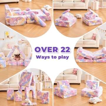 IFNOW 14pcs Modular Kids Play Couch, Kids Couch Toddler Couch, Child Sectional Sofa, Bedroom and Playroom Furniture for Toddlers, Blue Glow Convertible Foam and Floor Cushion for Boy and Girl, Unicorn