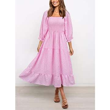UIMLK Women's Boho Flowy Cottagecore Puff Sleeve Off The Shoulder Summer Casual Plaid Ruffle Midi Long Dress,6-S Rose