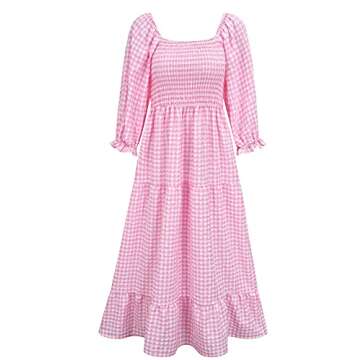 UIMLK Women's Boho Flowy Cottagecore Puff Sleeve Off The Shoulder Summer Casual Plaid Ruffle Midi Long Dress,6-S Rose