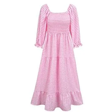 UIMLK Women's Boho Flowy Cottagecore Puff Sleeve Off The Shoulder Summer Casual Plaid Ruffle Midi Long Dress,6-S Rose