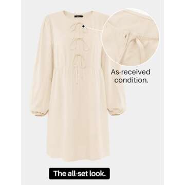 ZESICA Women's Dress Fall Long Puff Sleeve Self Tie Front Babydoll A Line Pleated Cute Mini Tunic Dresses 2025,Apricot,Small